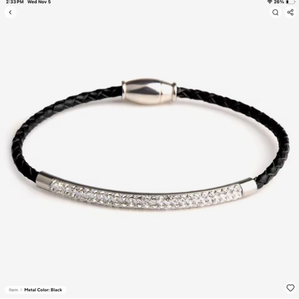 New Silver Bar Bracelet Blacjk Leather - Magnetic Clasp